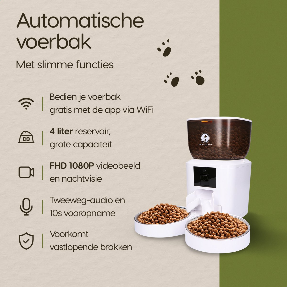 Automatische Voerbak Kat en Hond 4L Premium Upgraded – Slimme Voerdispenser met Camera – Full HD 1080P Night Vision – Two-Way Audio – RVS Dubbele en Enkele Voerbak – App-bediening – Voerschema Instellen – Prime AnimalZ – Wit thumbnail 2