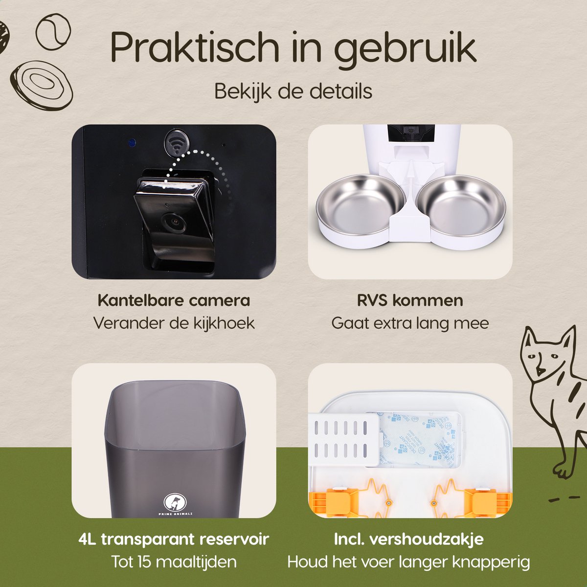 Automatische Voerbak dubbel 4L – Kat en Hond – 2-in-1 Voerautomaat met Camera – Full HD 1080P – Two-Way Audio – Dubbele Voederbak – App-bediening – Voerschema Instellen – Kattenvoerbak Automatisch – Smart Pet Feeder – Prime AnimalZ – Wit thumbnail 8