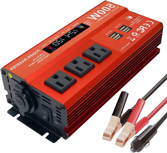 Stroomomvormer Auto - 12V naar 110V - Elektronica Laden - 500W Continu Vermogen - 21 x 11 x 6 cm