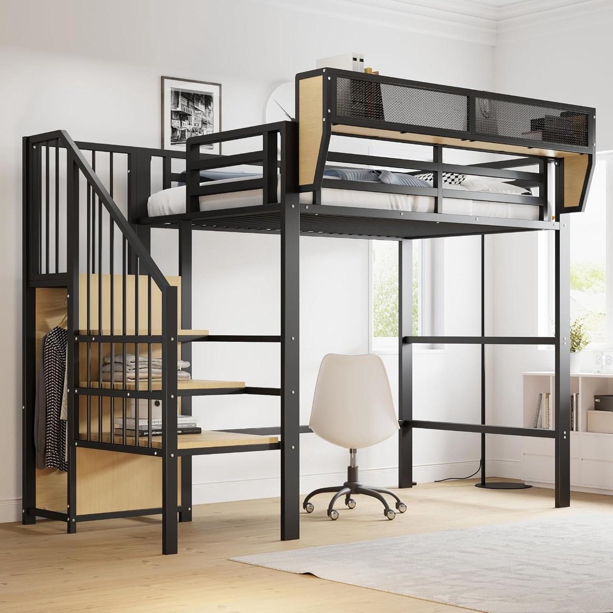 Hoogslaper Bed - Stalen Bed - Ruimte Besparen - Flexibele Opbergruimte - 90 x 200 cm - Zwart