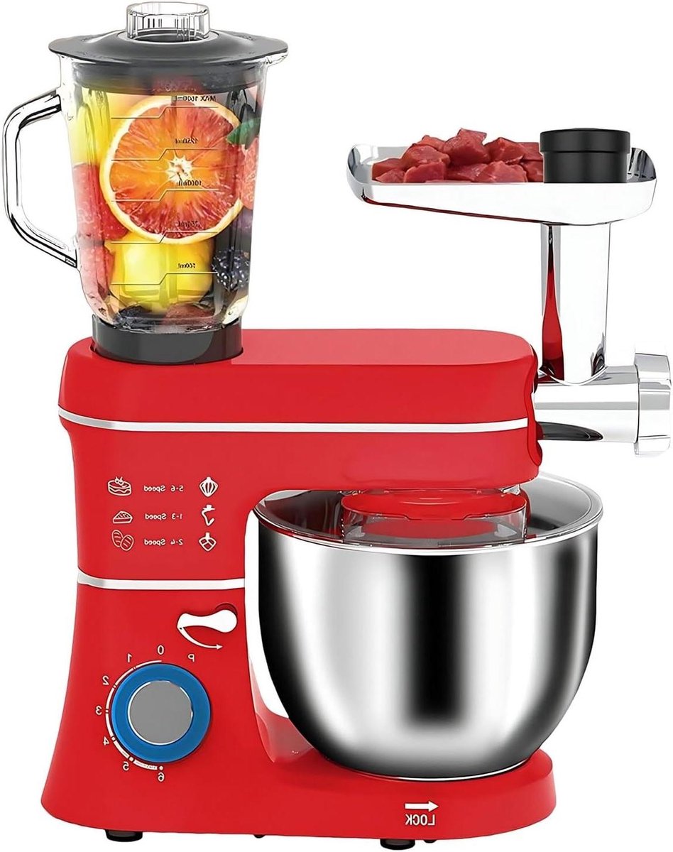 Keukenmixer Met Kom - Elektrische Mixer - Bakken En Koken - 5-in-1 Multifunctioneel - 10 Liter Kom - Rood