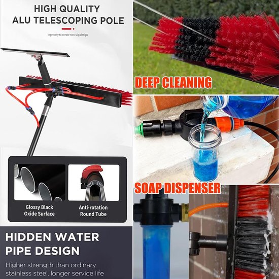 Reinigingsborstel en stang voor zonnepanelen, 3,6 x 10,8 m lange set met watervoerende stang, raamreinigingsborstel met zeepdispenser en trekker, telescopische borstel met W — afbeelding 3