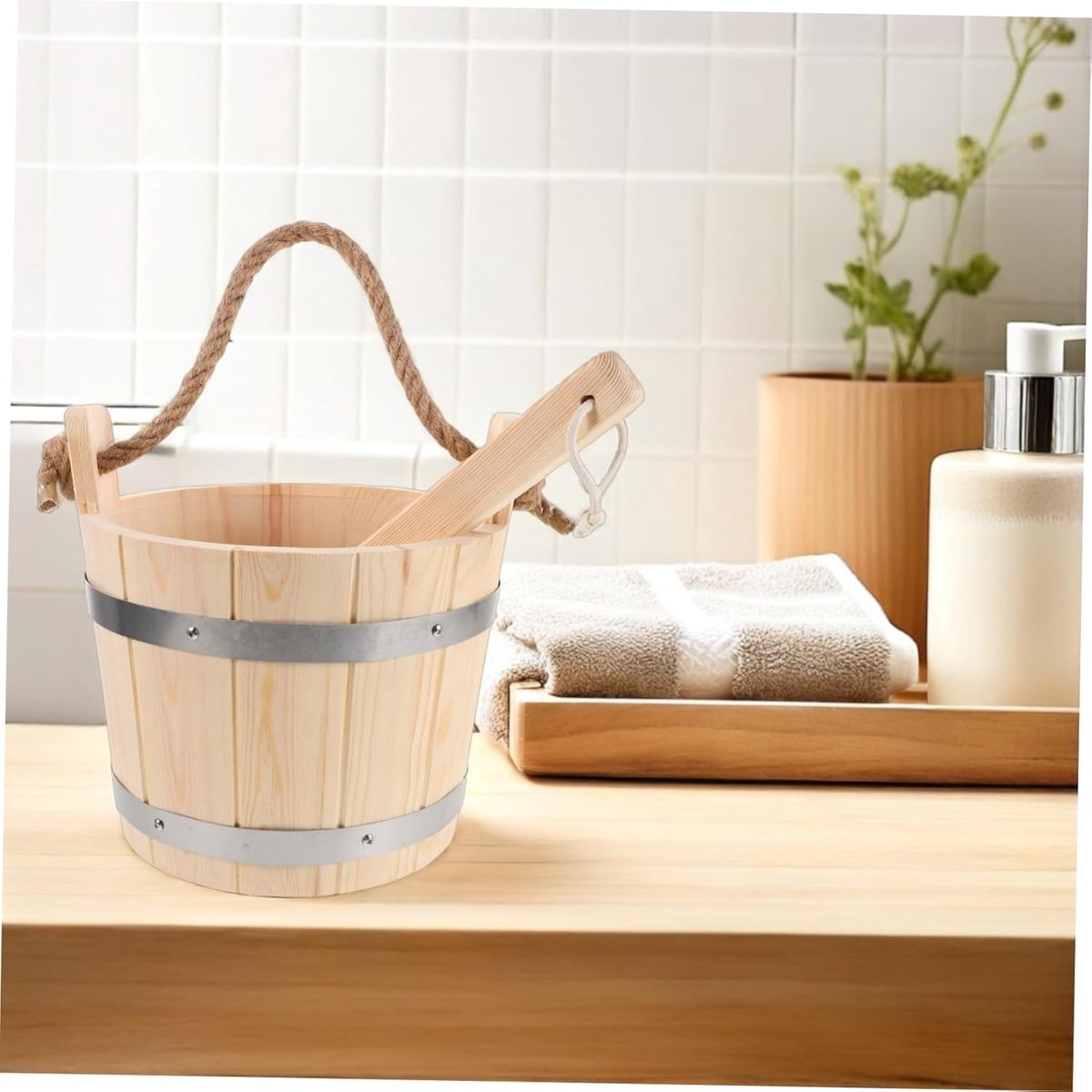 Sauna Emmer met Schep - Sauna Accessoires Hout - Ontspannende Sauna Sessies - Hitte- en Vochtbestendig - 24.5 cm - Beige thumbnail 3
