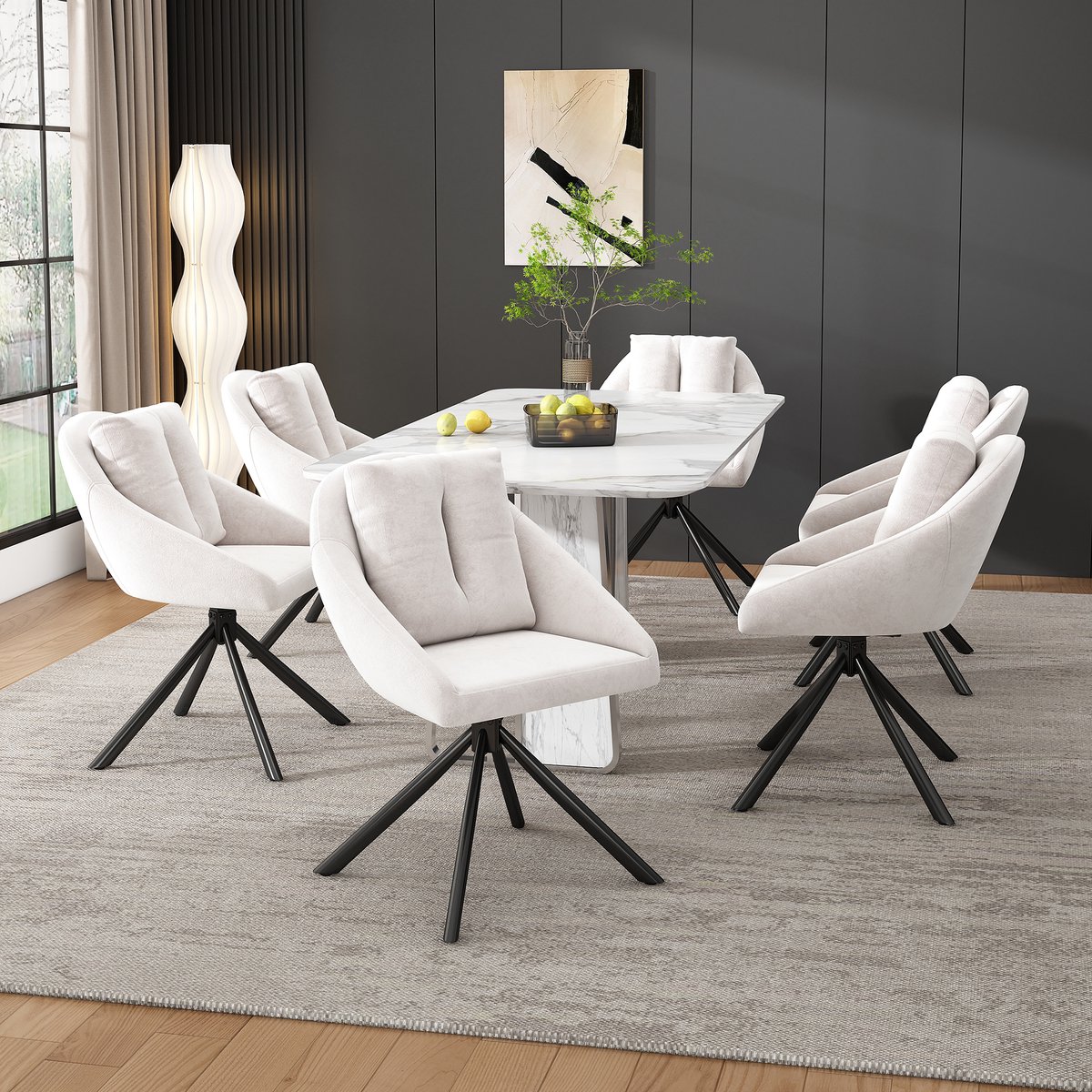 MODENUIT Eetkamerstoel - Draaibaar Met Wielen - Set Van 6 - Voor Eetkamer Woonkamer En Werkkamer - Fluweel Beige