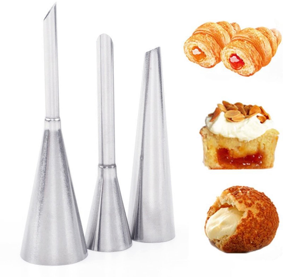 Dailygoods - Dailygoody - 3 Delige Roestvrijstalen Cakemondstukken - Decoreren van Cake - Duurzaam en Veilig - Zilver - Spuitzakmondstuk - Geschikt voor Taart en M..