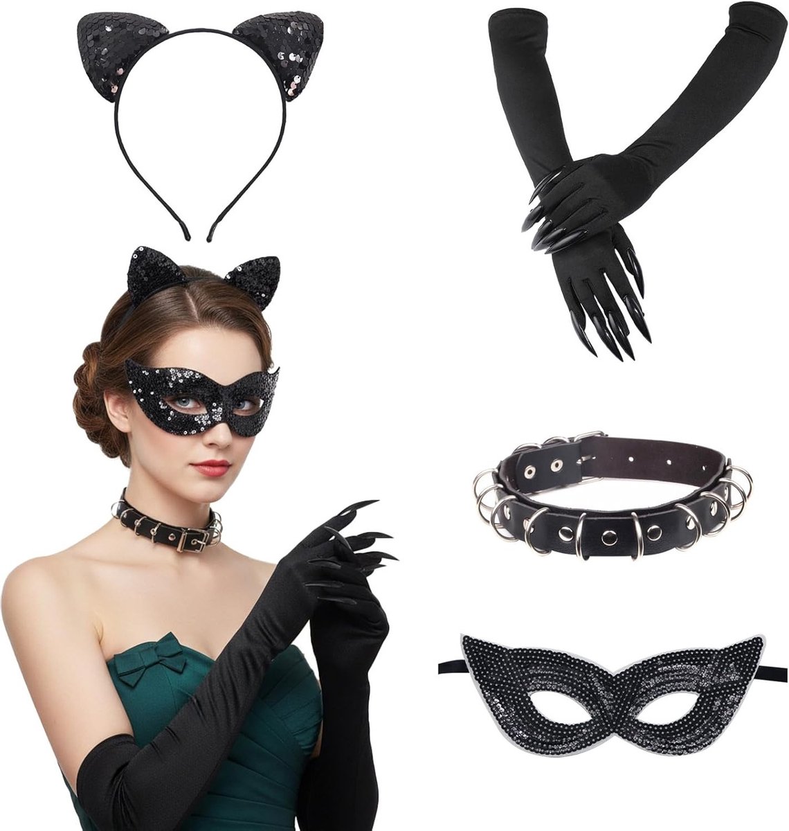 Dames Kattenkostuum met Glanzende Oren, Haarband, Lange Nagelhandschoenen, Ketting en Masker voor Carnaval, Cosplay en Feestjes
