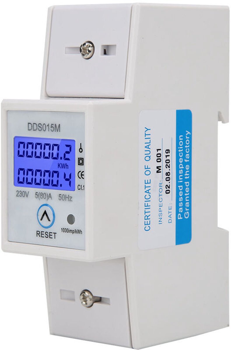 – Digitale energiemeter voor éénfasig 230V – LCD-display – Maximale stroomsterkte 80A – Resetbaar voor tijdelijke telling – DDS015M