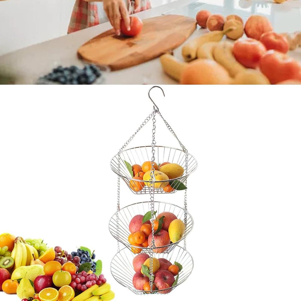 Hangende Fruitmand - Keuken Organizer - Ruimte Besparen - Drie Lagen - 80 cm Hoog - Zwart