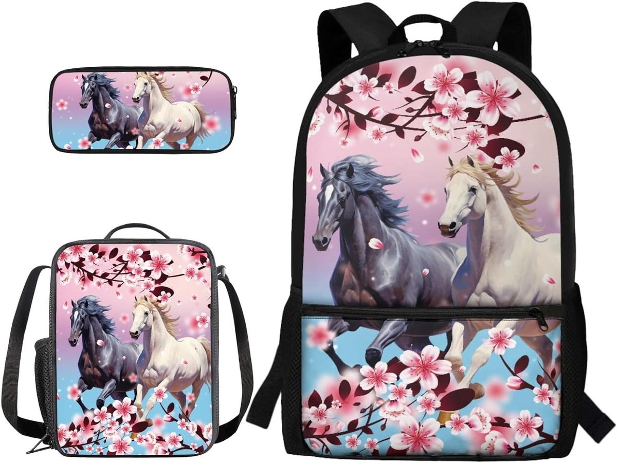 Schooltassenset Kinderen - 3-delige Set - Dagelijks Gebruik - Geïsoleerde Lunchtas - 17 Inch Rugzak - Pruimenbloesem Paard