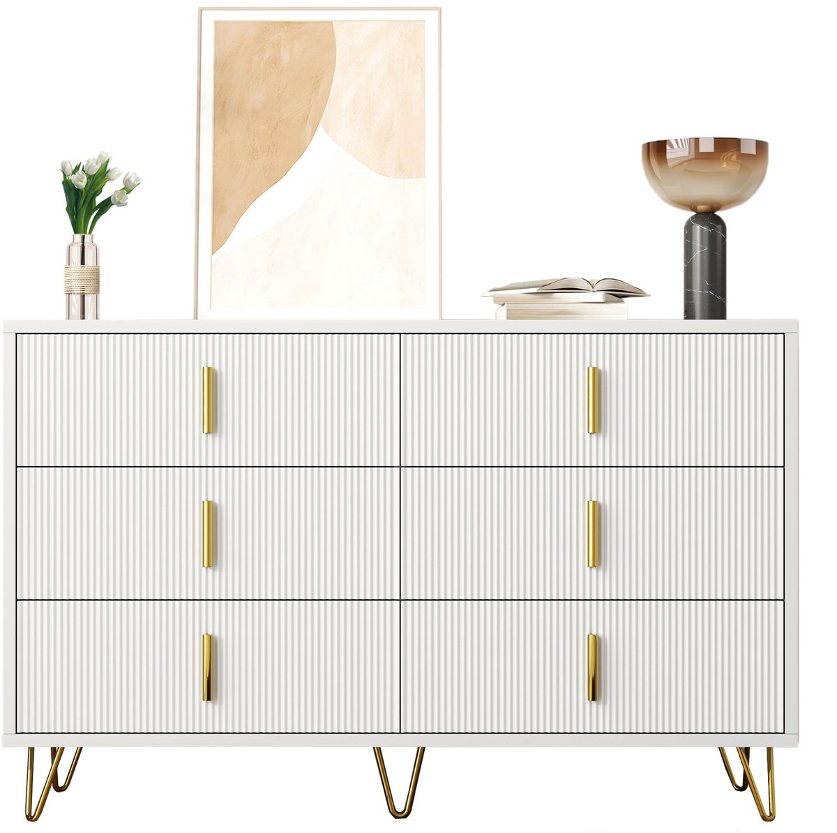 Zubaliya Sideboard - 120x40x77 cm - 6 laden & golvend design - gouden handgrepen & poten - 15 cm pootjes Wit