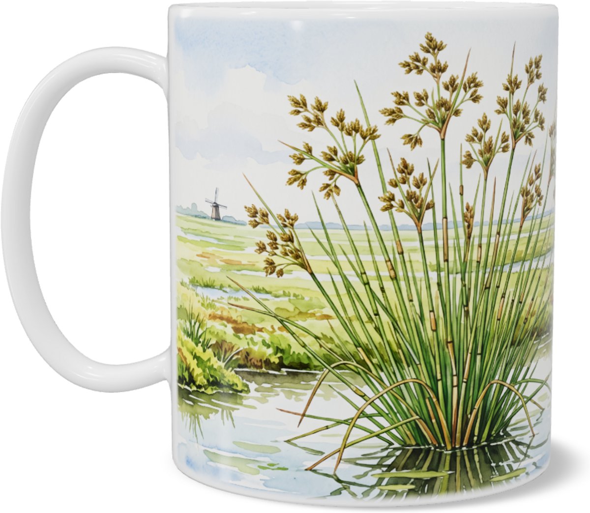 Mok paddenrus Juncus subnodulosus oeverplant in waterrijk polderlandschap aquarel