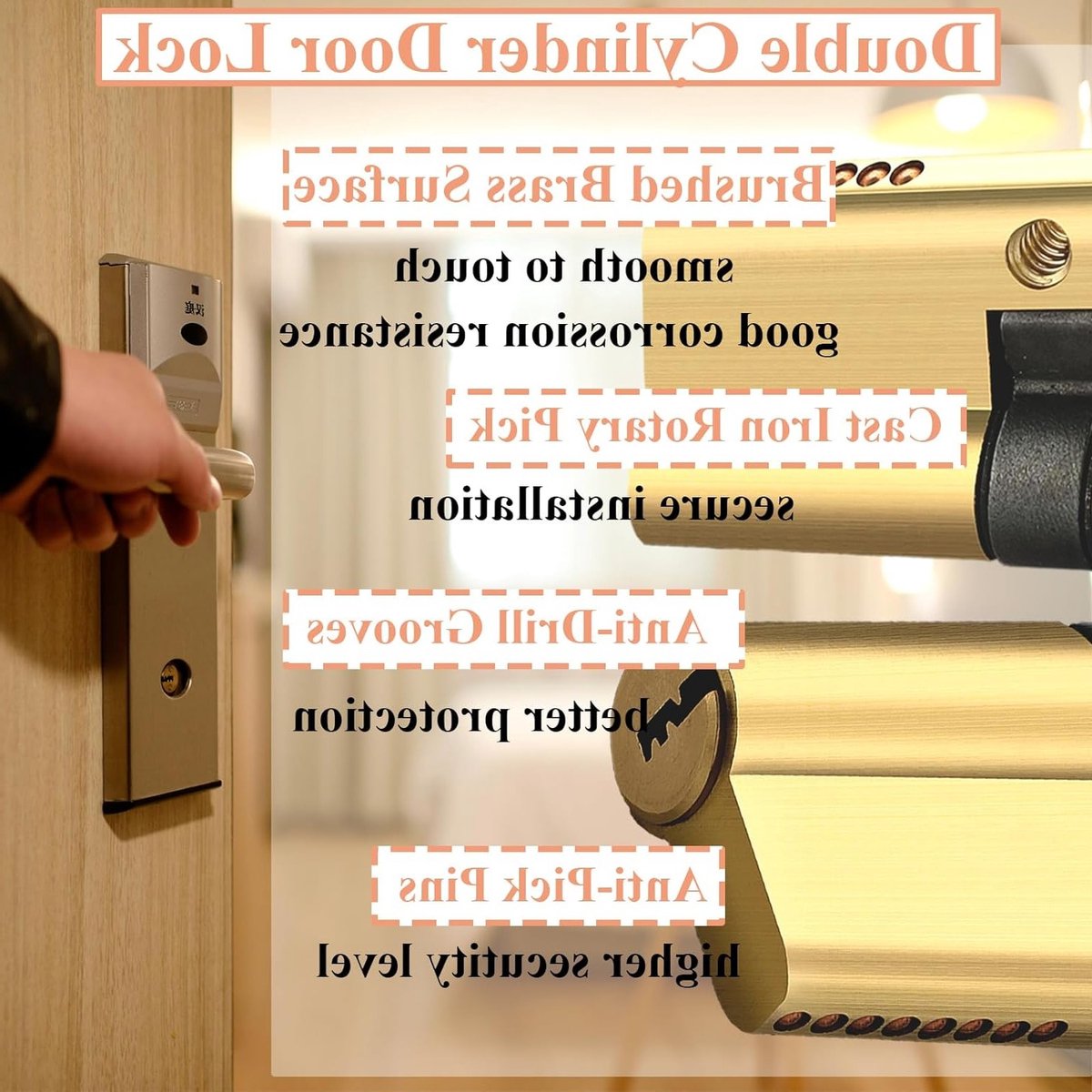 Verchroomde cilinderslot van messing met 5 hoofdsloten, 2 tijdelijke sleutels en 1 beschermingssleutel, 90 mm lengte voor optimale beveiliging