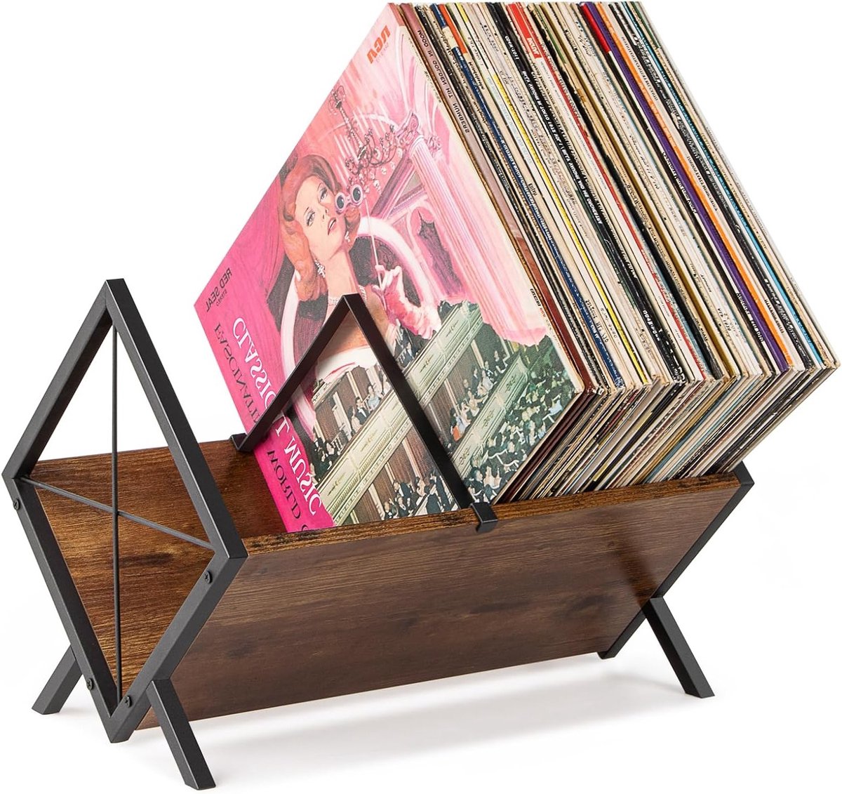 Vinyl Platenopslag Rek voor 80 LP's, Verstelbare Divider, Album Organizer en Tijdschrift Houder - Bruin