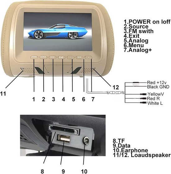 Auto Hoofdsteun Monitor - Achterbank Display - Reis Entertainment - 1080P Video Ondersteuning - 7 Inch HD Scherm - Zwart — afbeelding 5