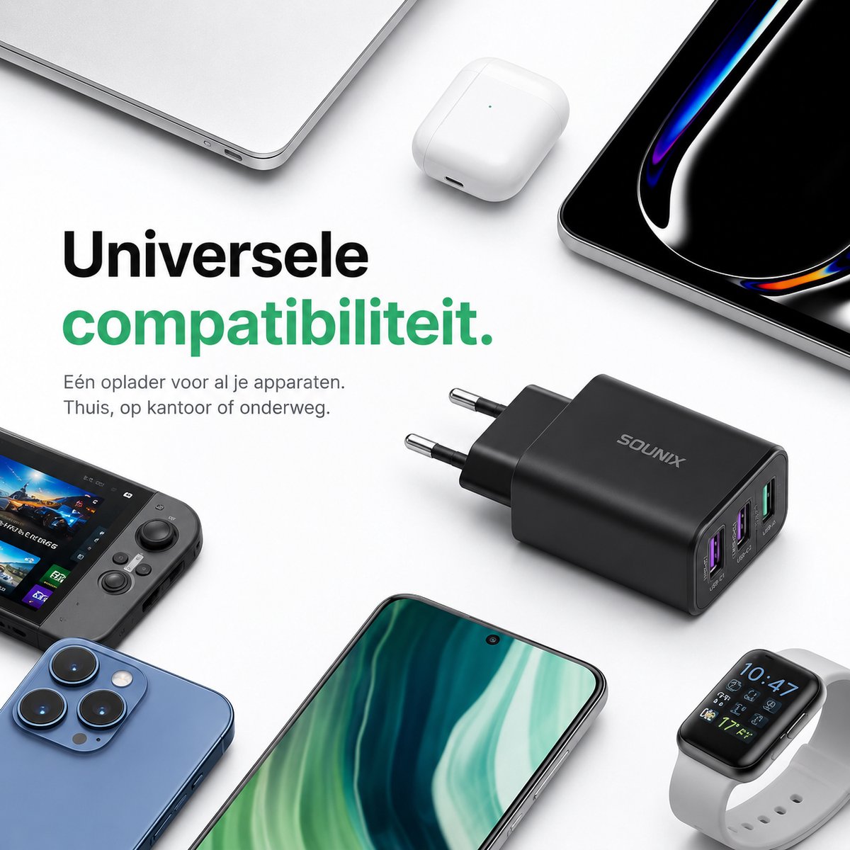 Snellader USB-C 45W - 3 Poorten Snellader - Usb Stekker - Usb Oplader - GaN oplader - 2x USB-C PD - 1x USB-A PD 22.5W - Zwart van Sounix — cadeau in Elektronica - foto 7