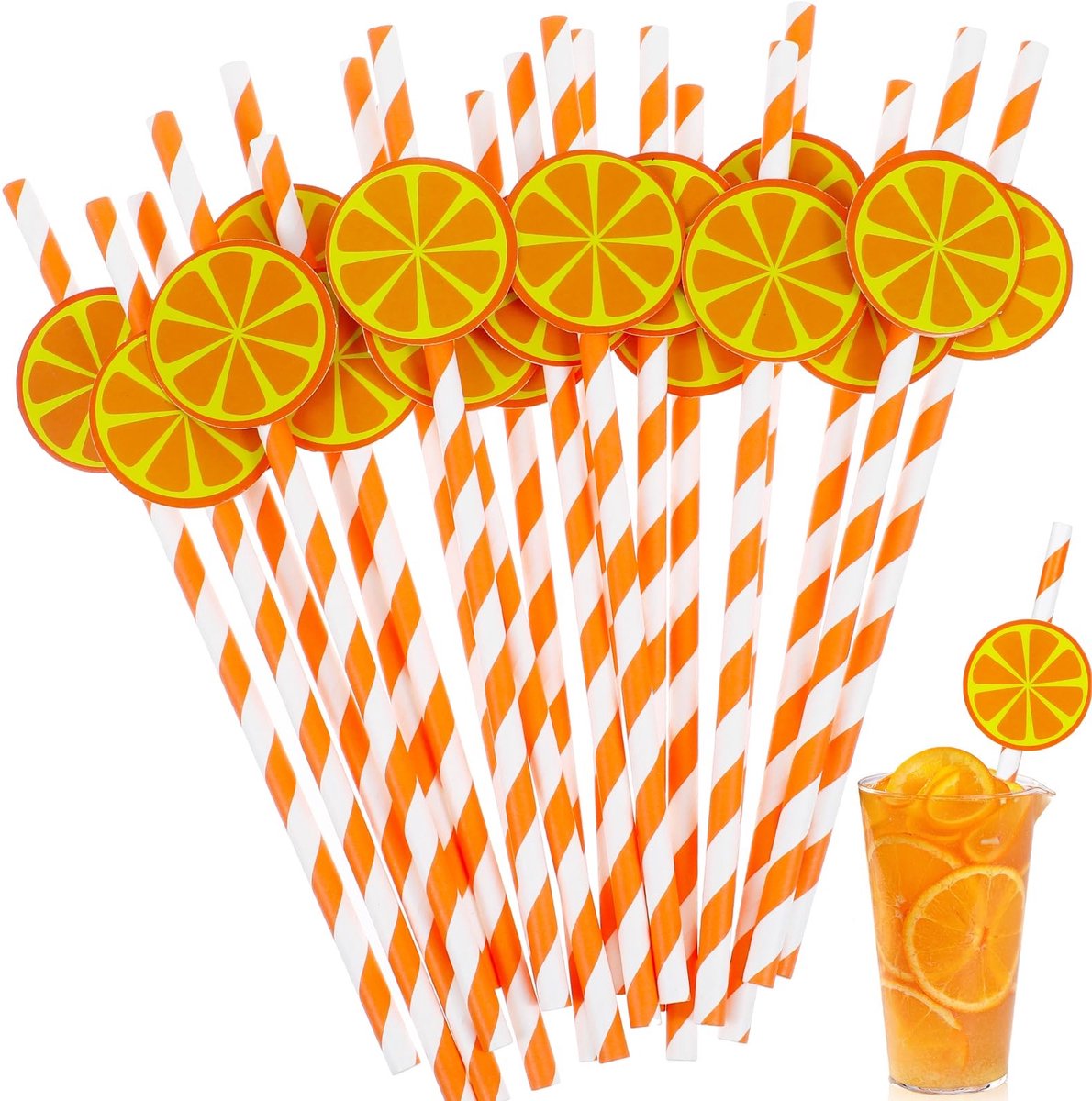Dailygoods - Dailygoody - Papieren Rietjes - Wegwerp Rietjes - Decoratief Feestpapier - Oranje - Citroengestreepte Rietjes - Geschikt voor Feesten - 50 Stuks