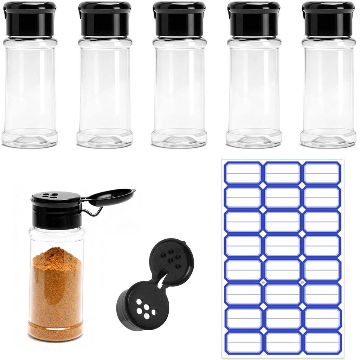 Dailygoods - Set van 6 Transparante Kruidenpotjes met Etikettensticker