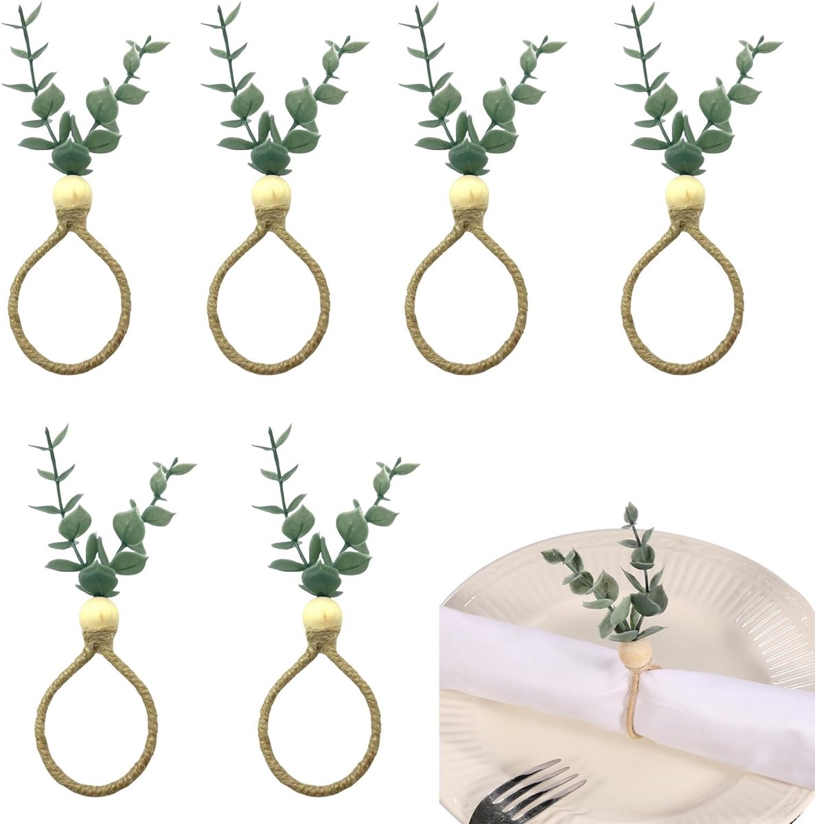 Dailygoods - Set van 6 Eucalyptus Servetringen voor Feestdecoratie