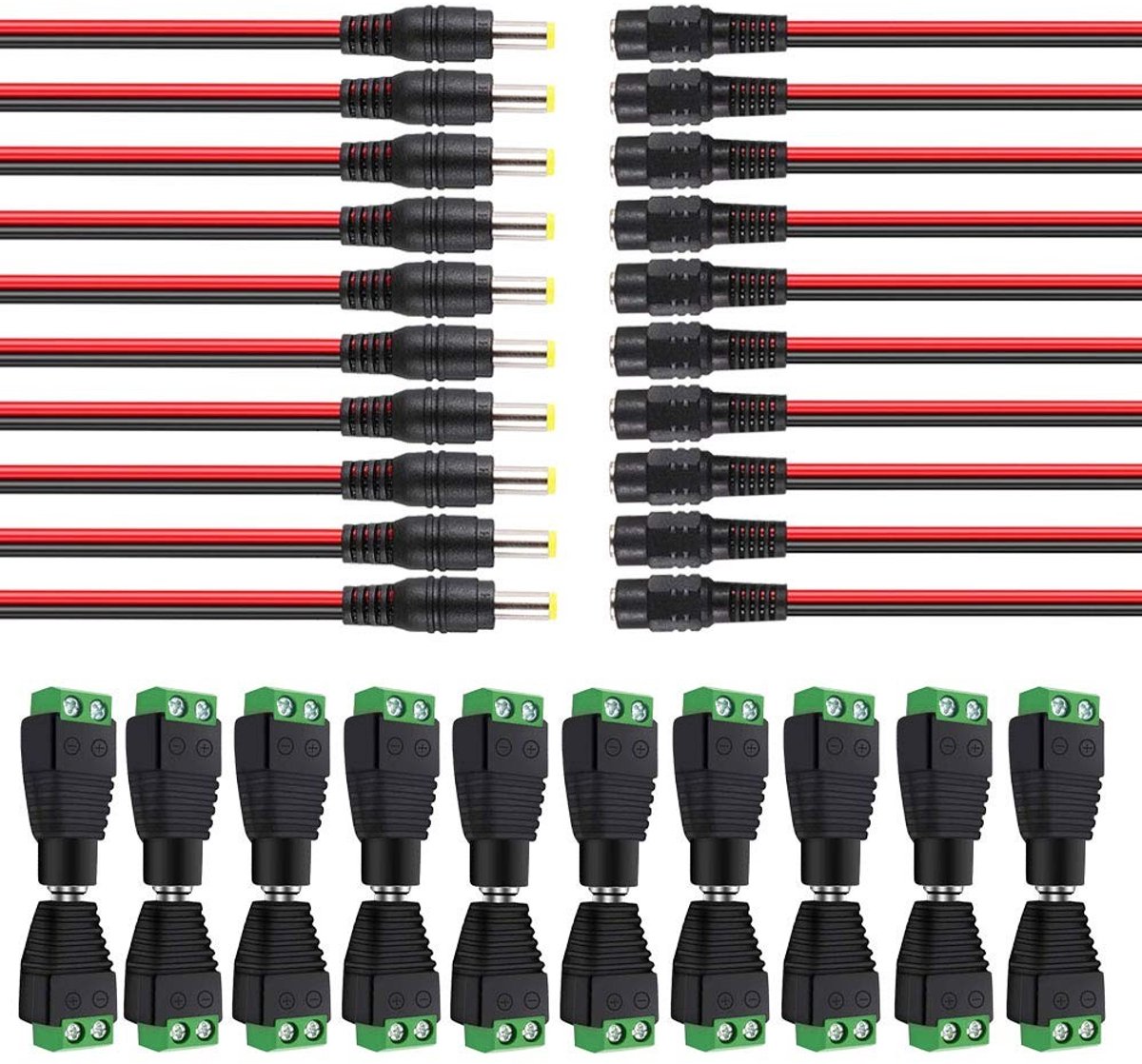 Dailygoods - Innovra - Dailygoods - Dailygoody - DC-stekkers - Man/Vrouw - Voor ledstrips - Groen/Zwart/Zilver - Power Pigtail kabels - 20 paar inbegrepen - 12V/24V geschikt