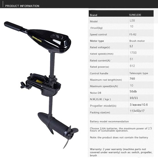 Elektrische buitenboordmotor - Sleepmotor boot - Rustig varen - Milieuvriendelijke aandrijving - 12 Volt - Zwart — afbeelding 2