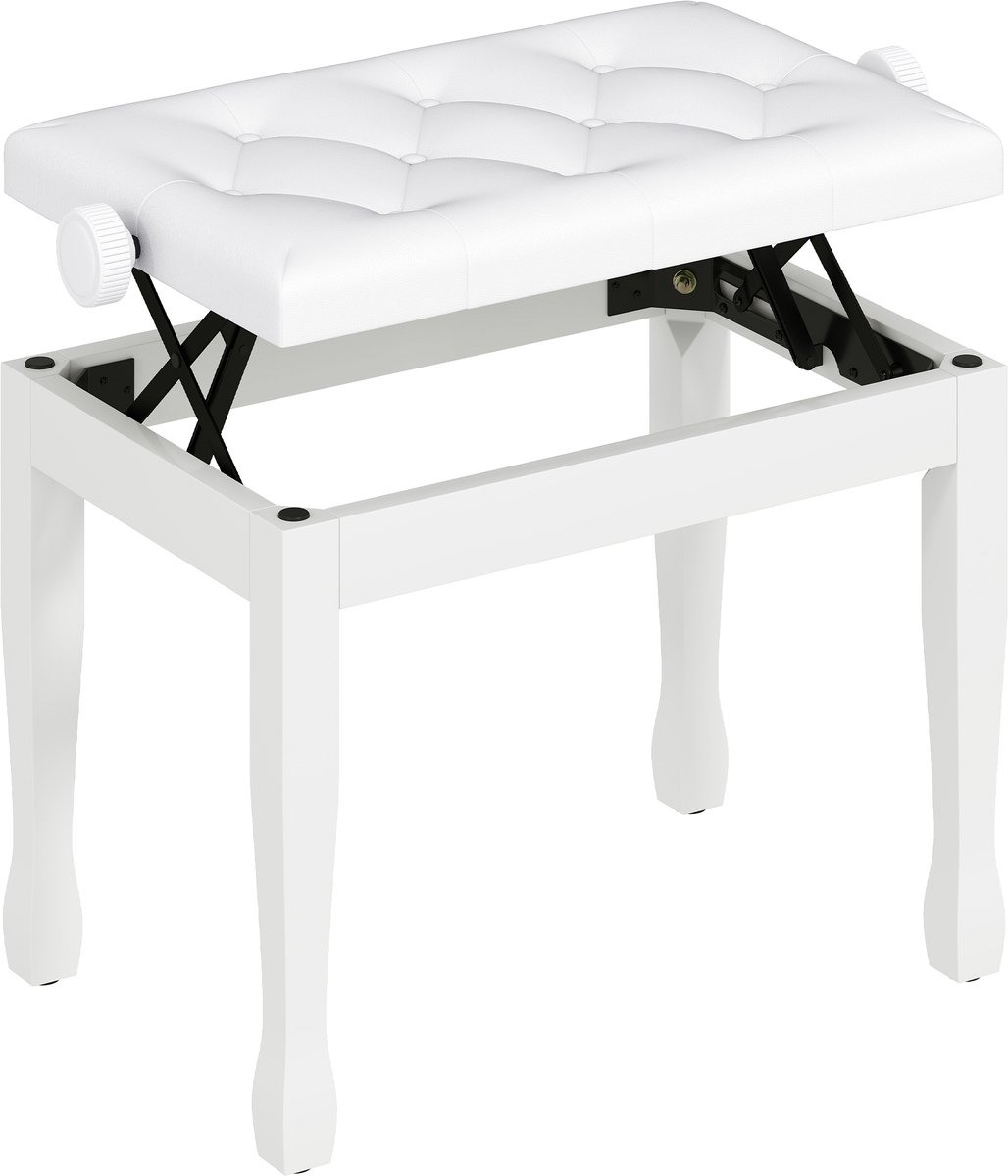 HOMCOM Pianobank-Massief hout, kunstleer-64L x 35B x 45-55H cm-Wit