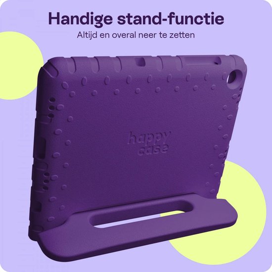 Paarse Happy Case tablethoes met handige standaardfunctie, ideaal om overal neer te zetten.