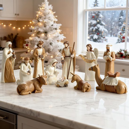 Kerststal Set - Geboortescène Figuren - Feestelijke Decoratie - 12-Delig Hars - 198 cm Hoog - Wit Goud