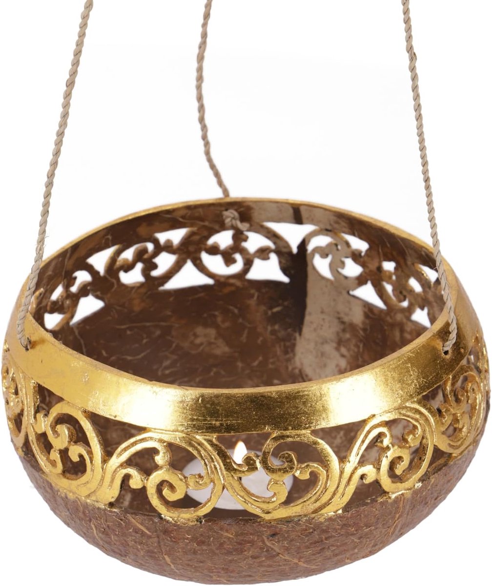 Hangend Kokosnoot Theelichthouder - Kaarshouder Decoratief - Sfeerverlichting Binnen - Handgesneden Ornamenten - 10x15x15 cm - Goud