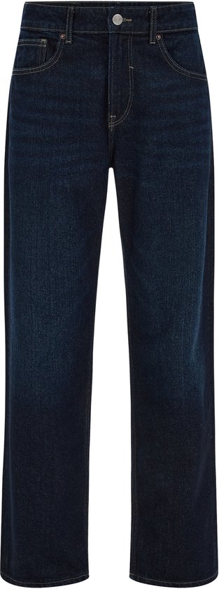 Donkerblauwe relaxed fit jeans met knoop- en ritssluiting.