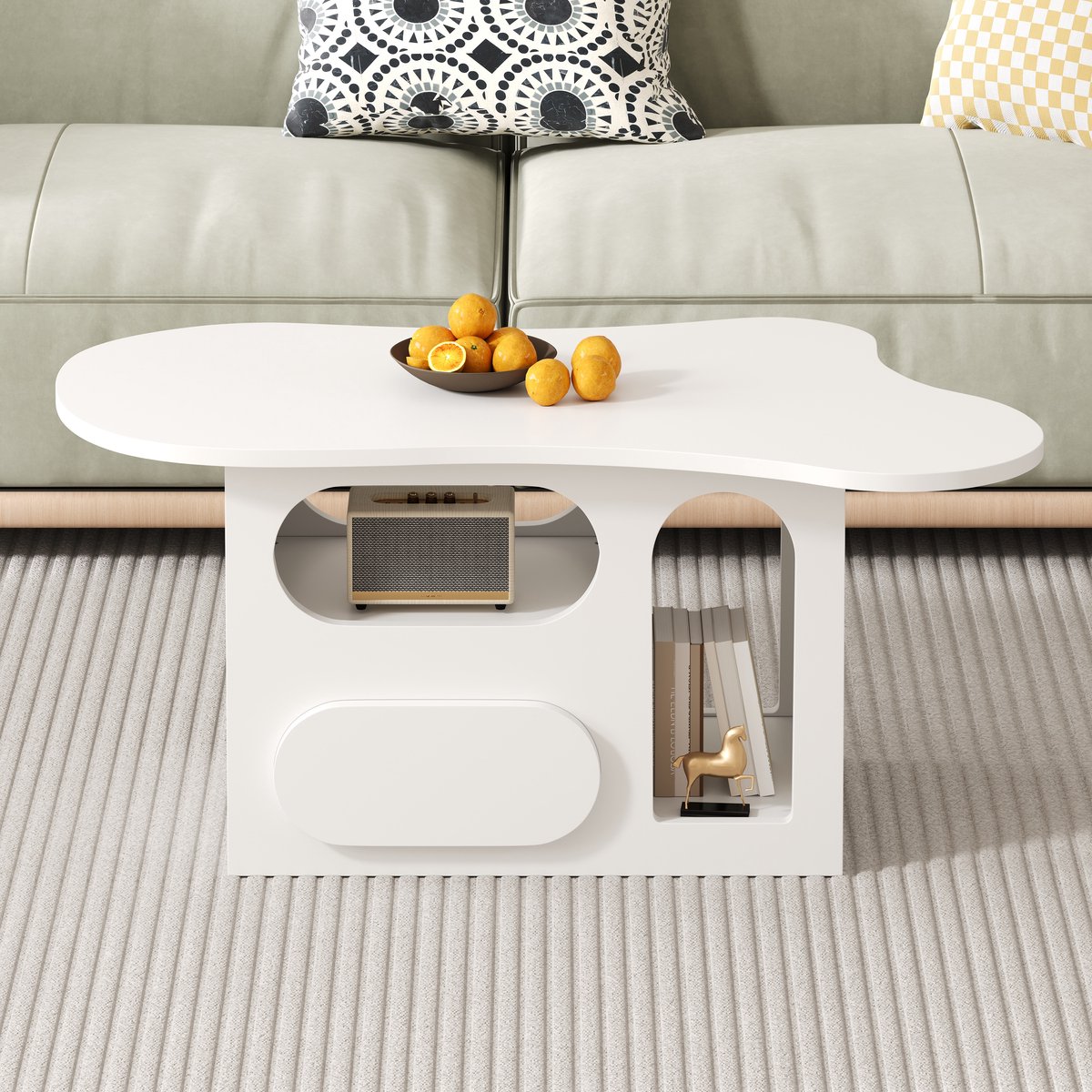 MODFU Salontafel 97×45×43,5 cm – Wolkvormig design met lades & open vakken – Opbergruimte & 80 kg draagvermogen – Compact – Spaanplaat – Wit