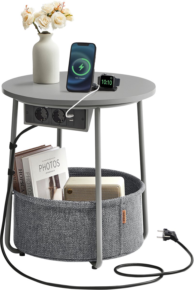 Vasagle Bijzettafel - Bijzettafeltjes Woonkamer - Ronde Bijzettafel met Stoffen Mand - Met Stopcontacten - Praktisch en Stijlvol Grijs