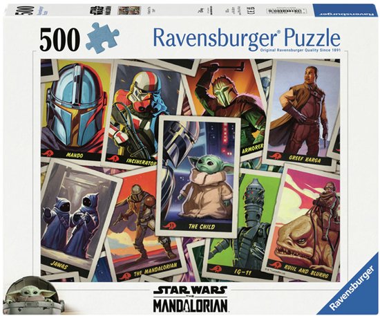 Boîte de puzzle Ravensburger 500 pièces avec un collage Star Wars : The Mandalorian, y compris The Child.