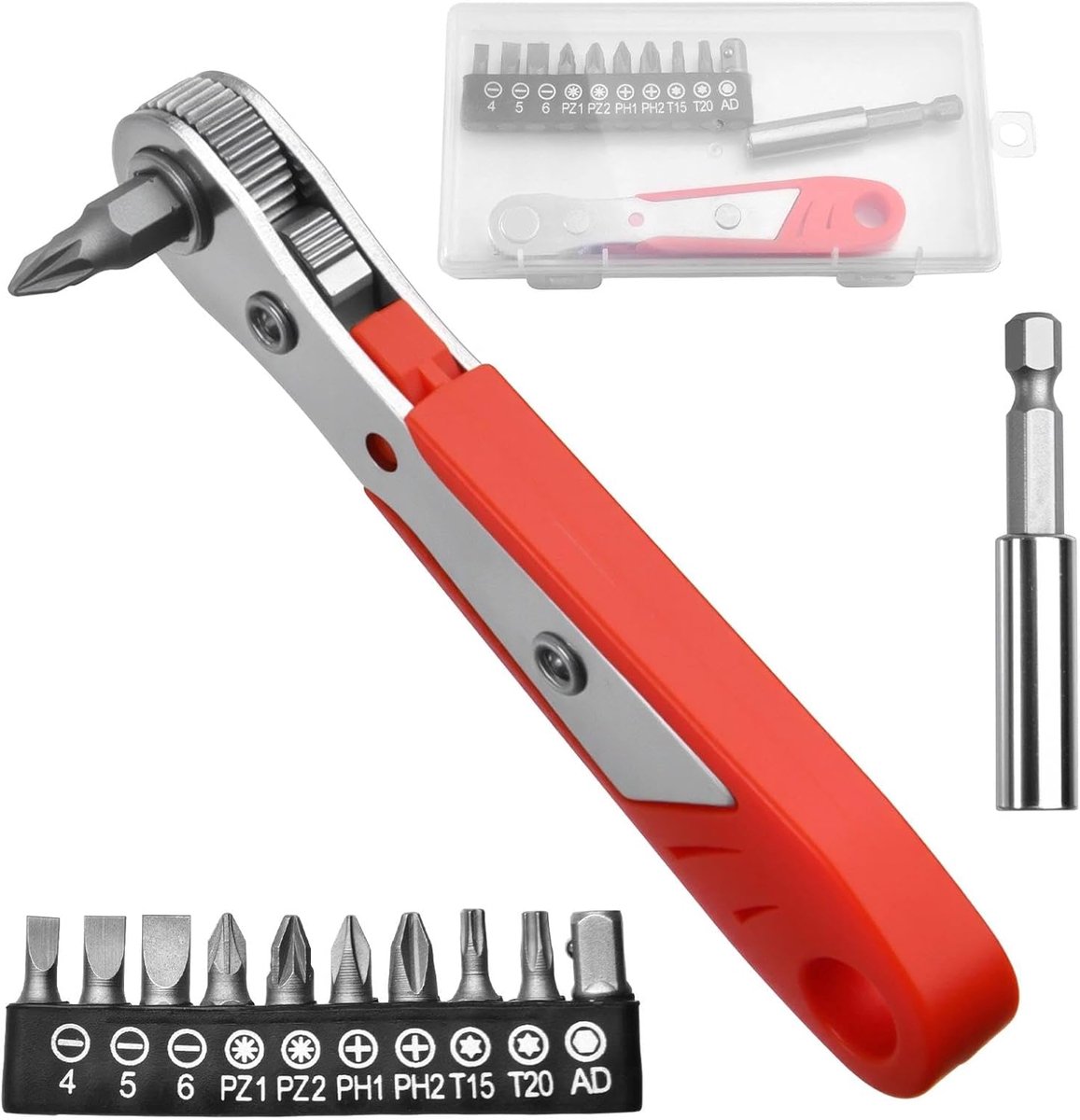 Haakse Schroevendraaier - Mini Ratelset - Krappe Ruimtes - Hoog Koppel 36T - 12 Bits - Rood