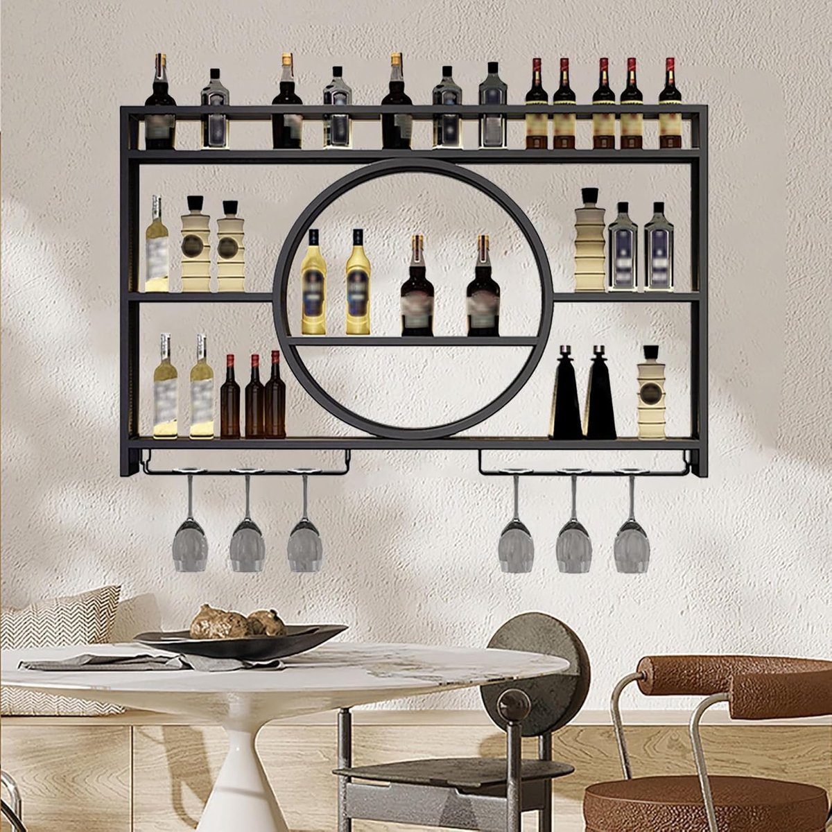 Wandwijnrek - Wijnkast - Opslag & Decoratie - IJzeren Frame Structuur - 120x15x80cm - Zwart