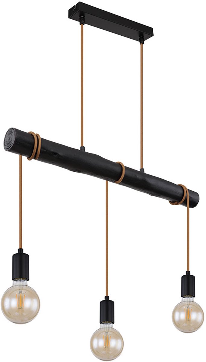Hanglamp eettafel hanglamp zwart woonkamerlamp modern, houten lamp 3-lichts touw in hoogte verstelbaar, metaal, 3x E27 fitting, LxBxH 60x5x120 cm