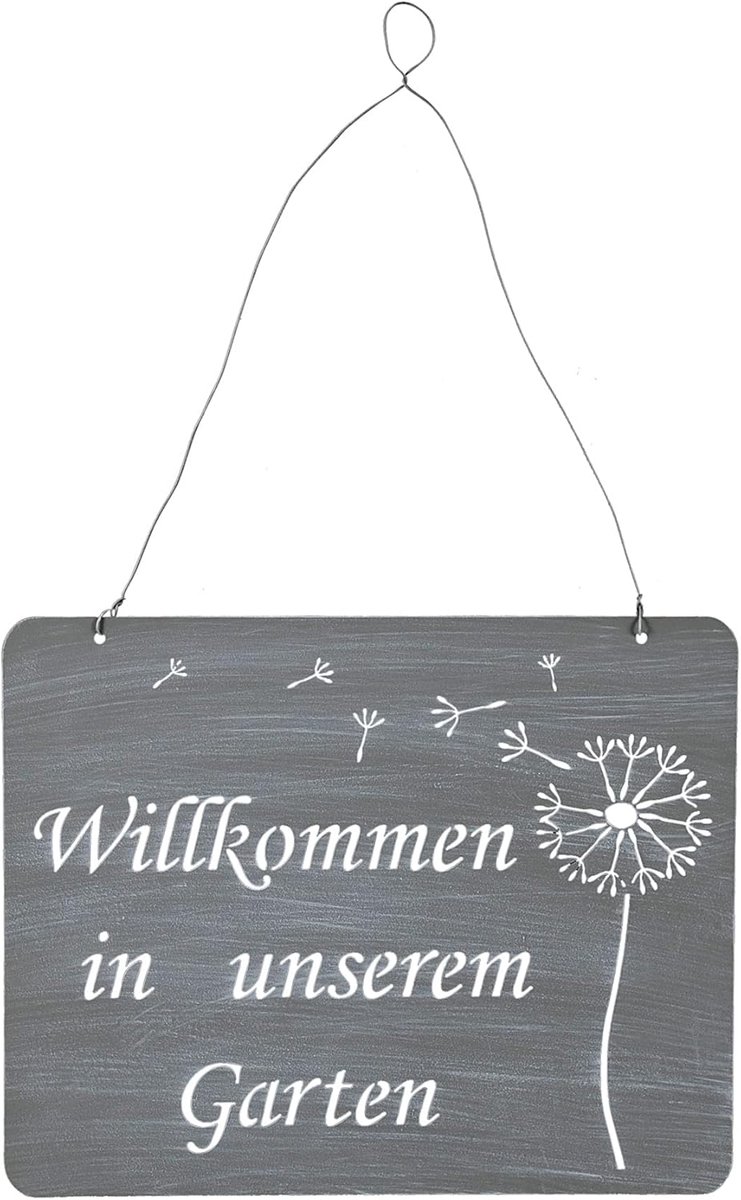 Tuin Welkom Bord - Deurschild Metaal - Buiten Decoratie - Paardenbloem Design - 31x25cm - Grijs