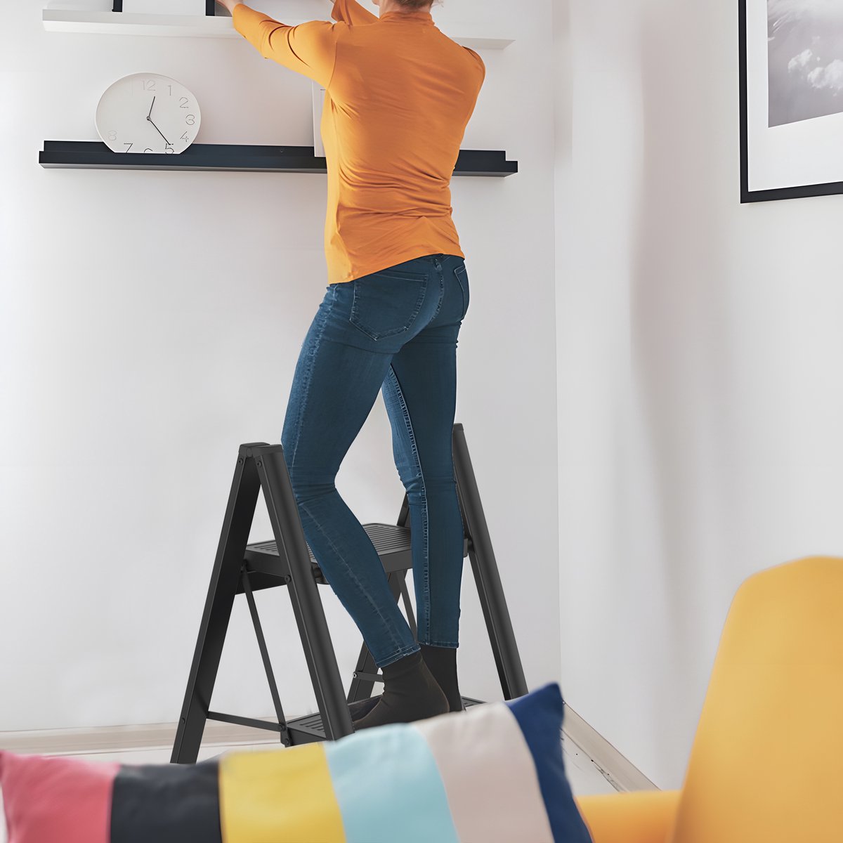 Opvouwbare Trapladder 3 Treden – Huishoudtrap met Brede Antislip Treden (30×20 cm), Stabiel & Belastbaar tot 250 kg – Zwart – foto 6