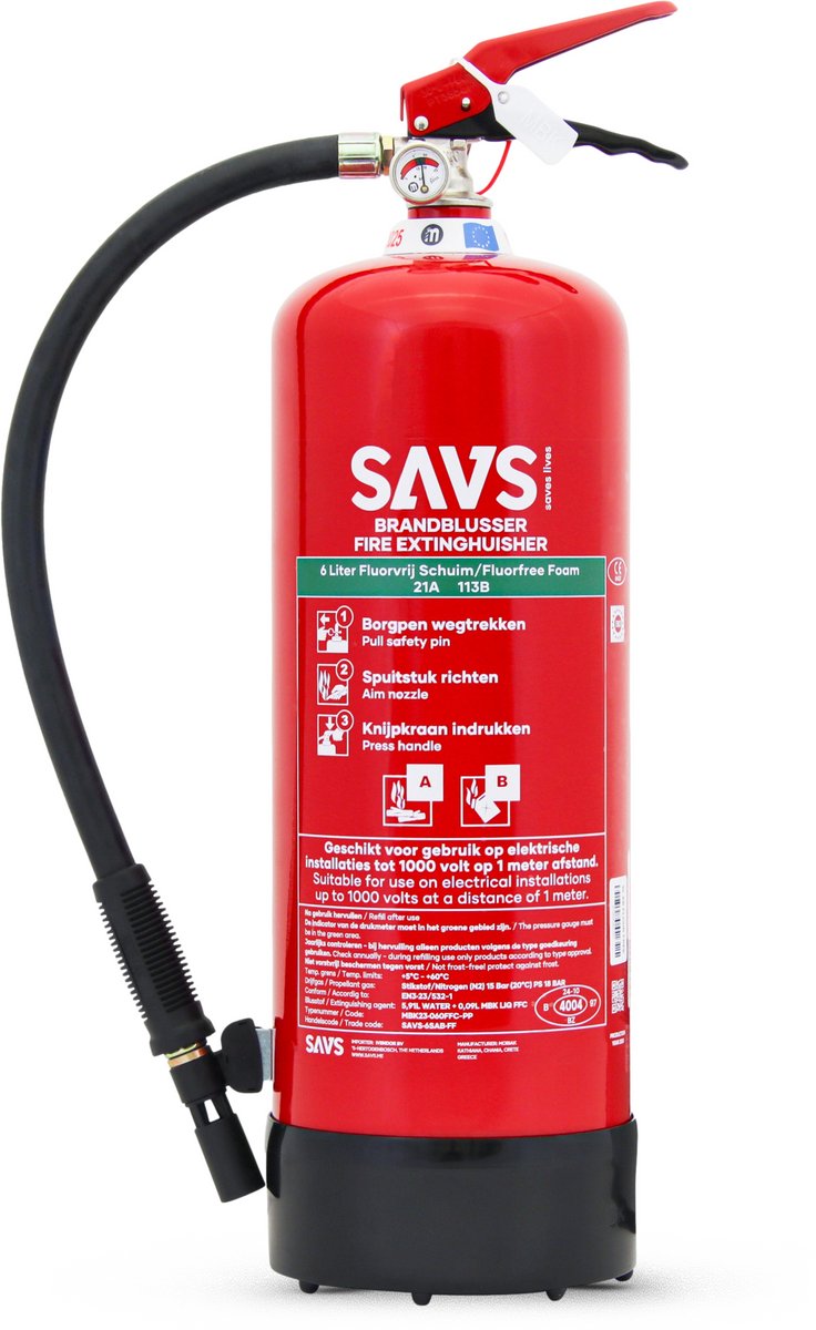 SAVS® Brandblusser Schuimblusser schuim 6 liter - 27A 113B - Fluor en PFAS vrij - Met montagebeugel - Schuimblusser - 6L
