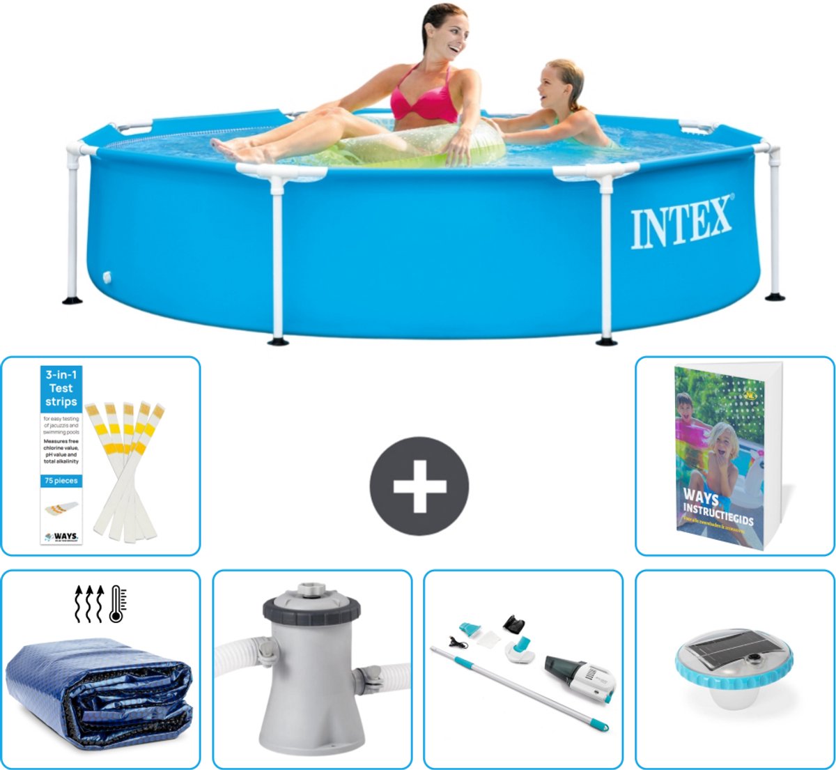 Intex Rond Frame Zwembad - 244 x 51 cm - Blauw - Inclusief Solarzeil - Zwembadfilterpomp - Stofzuiger - Verlichting - 7-delig