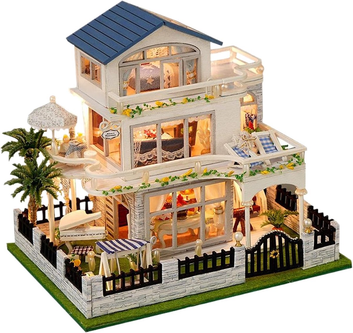 Houten Poppenhuis - Miniatuur Huis - Creatief Knutselen - Met LED-verlichting - 95x142x95cm