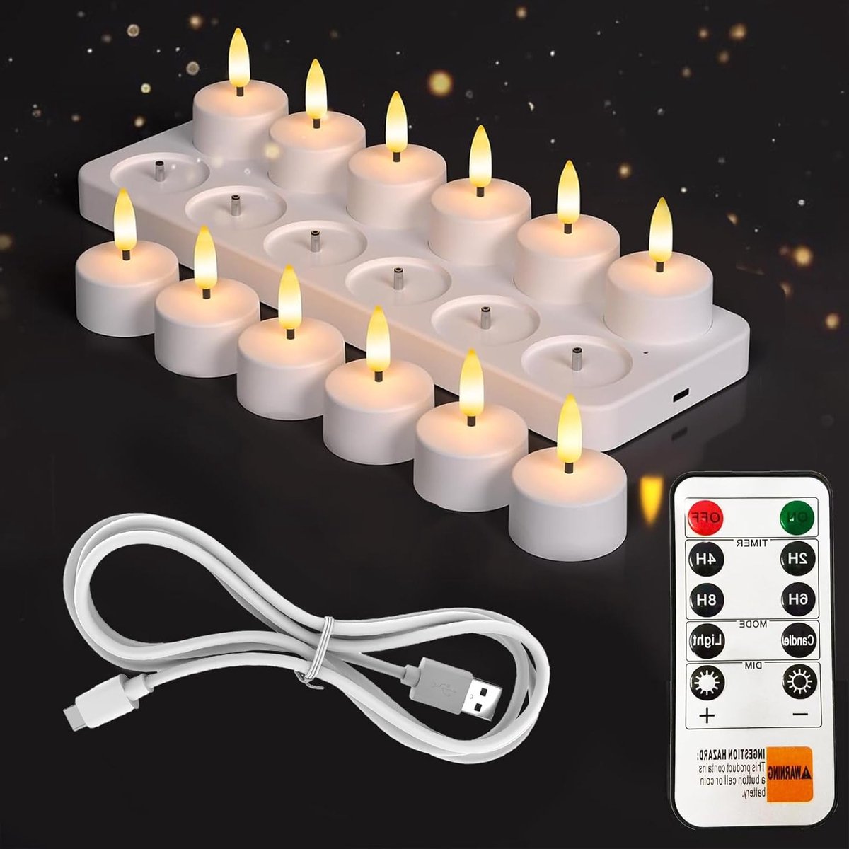 Set van 12 Oplaadbare LED Theelichtjes met Afstandsbediening en Timer