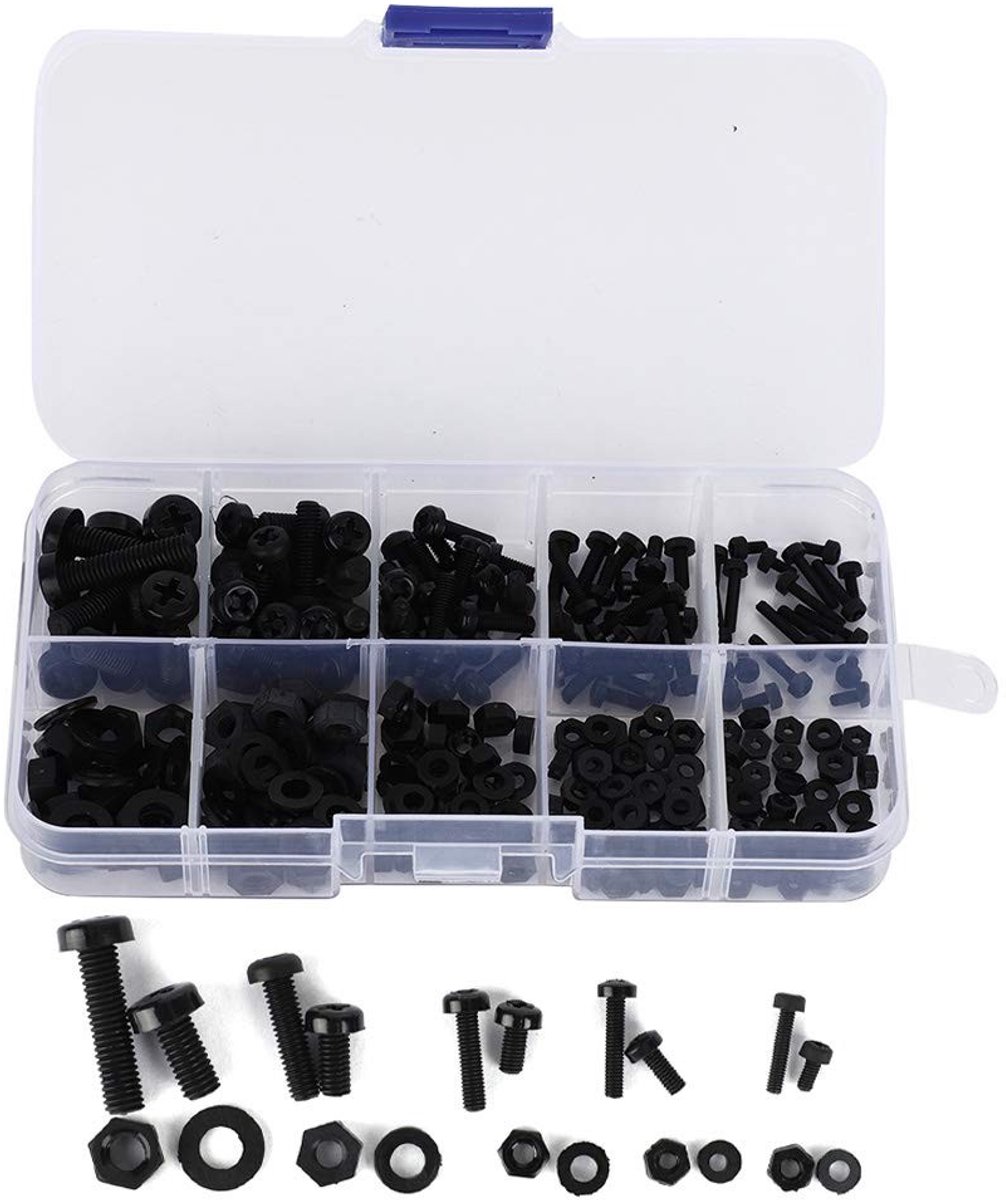 Allecto - Nylon Schroeven Moeren Assortiment - 270 Stuks - Waterdicht en Roestvrij - Geschikt voor Mechanische Toepassingen - Zwart - Perfect voo