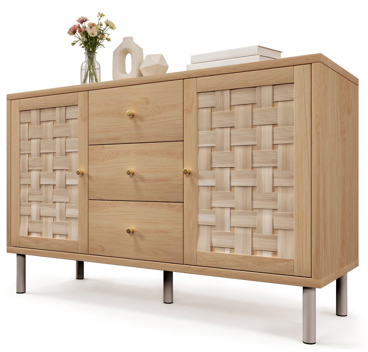 Merax Dressoir Kast 120 cm - Kommode met 2 Deuren en 3 Lades - Opbergkast Houtlook Eiken - Sideboard voor Woonkamer, Hal en Keuken