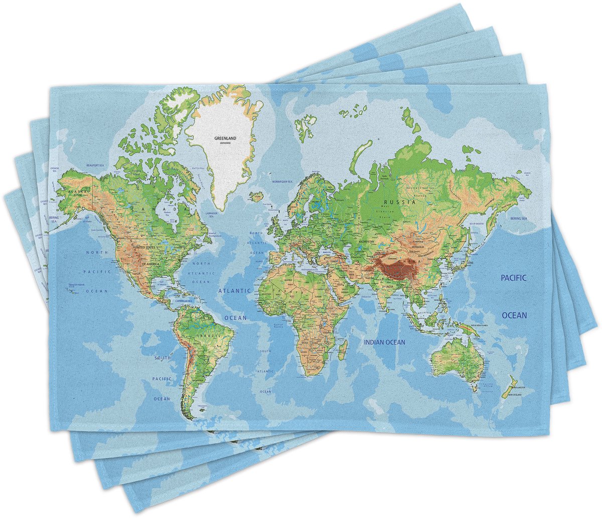 ABAKUHAUS Wereldkaart Placemats, Topografisch Onderwijs, Wasbare Stof Eetkamer Keukentafeldecoratie Digitale Print, Hemelsblauw Groen