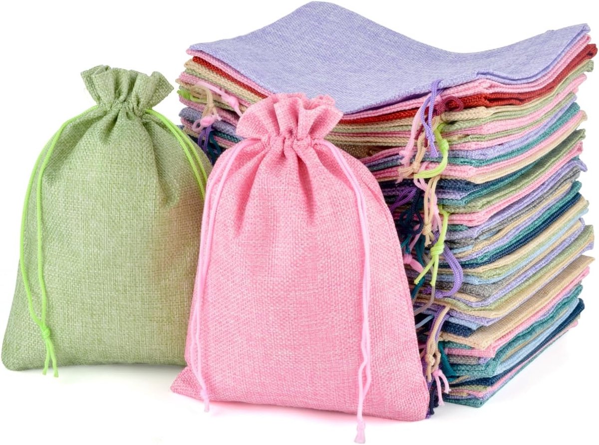 Herbruikbare Jute Tassen 20 x 30 cm met Trekkoord - Duurzame Katoenen Tassen voor Cadeaus, DIY en Feestjes in Diverse Kleuren