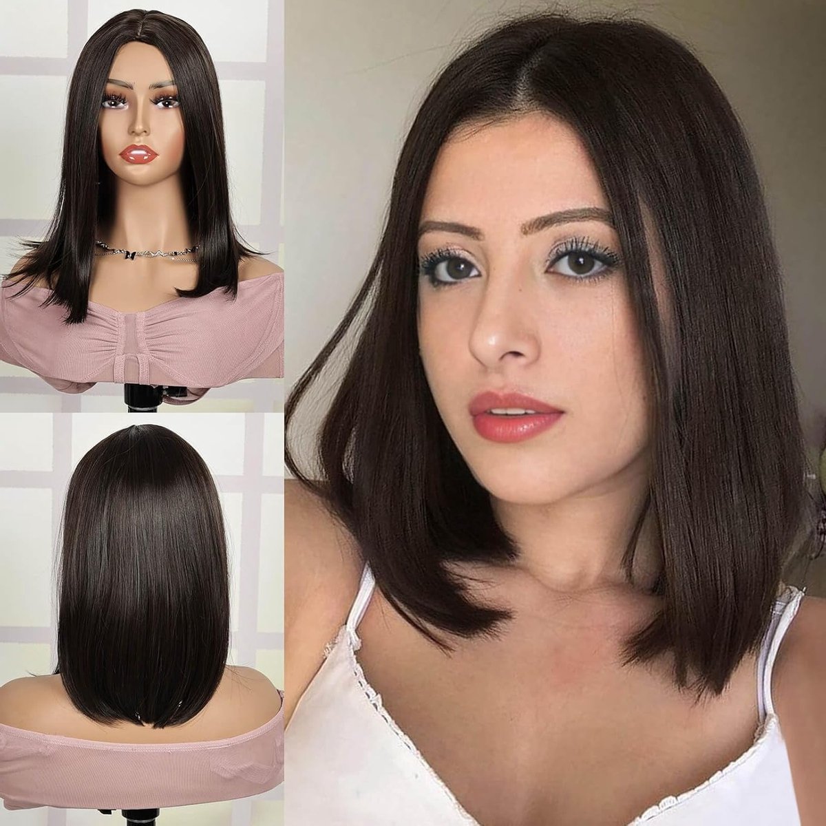 14 Inch Donkerbruin Rechte Bobperuk voor Vrouwen - Synthetische Medium Lengte Haarvervanging en Halloween Kostuum Accessoire