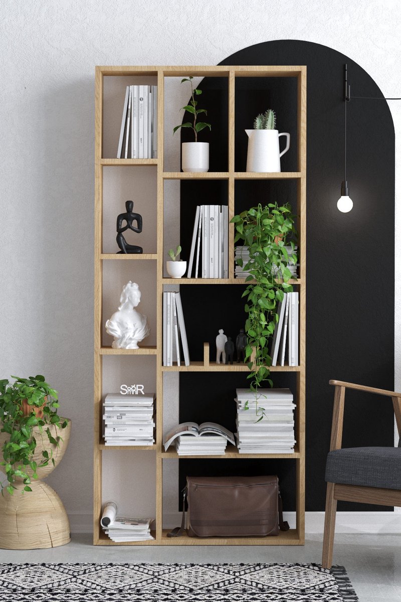 Skye Decor , Boekenkast, Demios - Dec0067, Gemelamineerde spaanplaat, Saffier eiken, 75 x 18 x 170 cm SaffierEikenhout