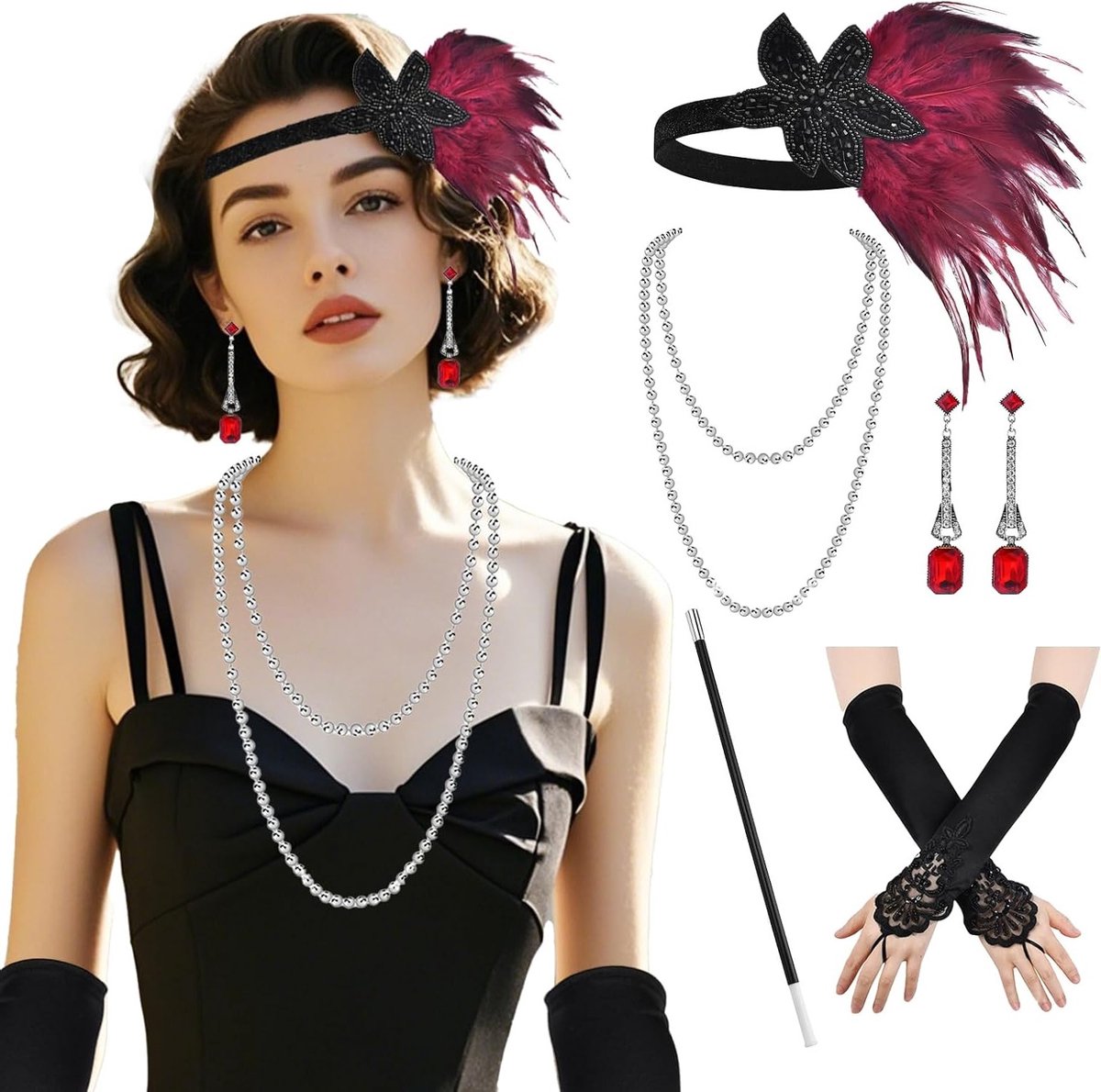 Vintage Flapper Accessoire Set voor Dames, Inclusief Hoofdband, Ketting, Handschoenen en Props voor 1920's Kostuumfeest
