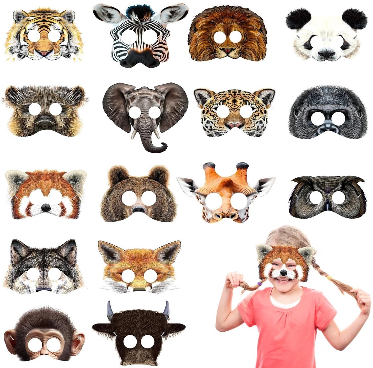 Dailygoods - Set van 16 Diermaskers - Jungle en Dierentuin Thema Feestdecoratie