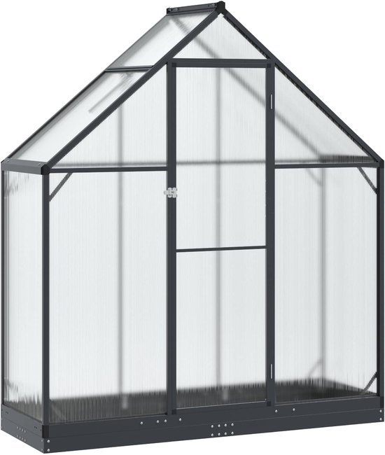 Antracietkleurige serre met zadeldak, deur en transparante wanden. Metalen frame.